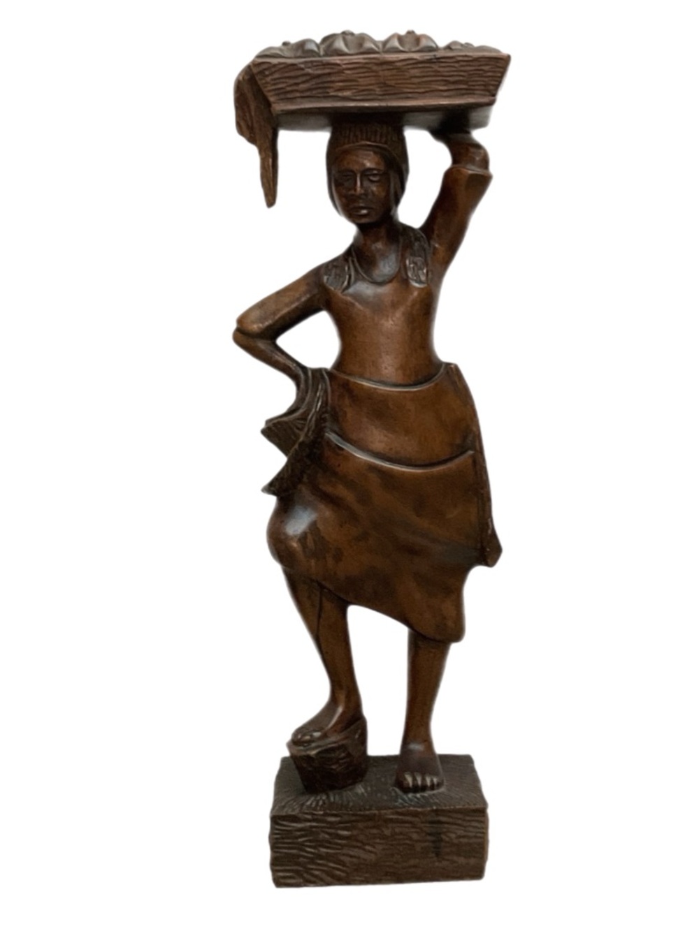 Haitian Carved Wood Sculpture - Woman with Basket on Head - Signed by F. Simeon
